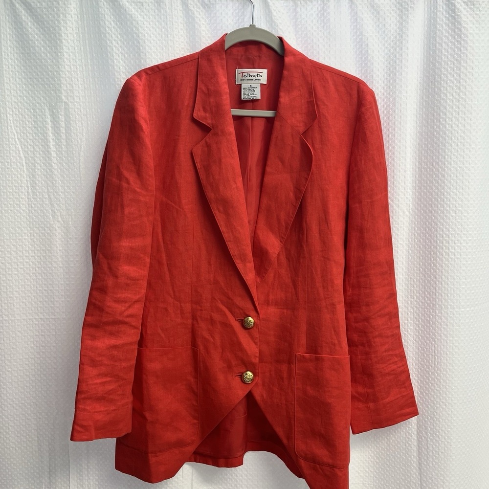 Talbots 100% Linen Red Classic  Blazer‎ 6 Career Gold Buttons Preppy